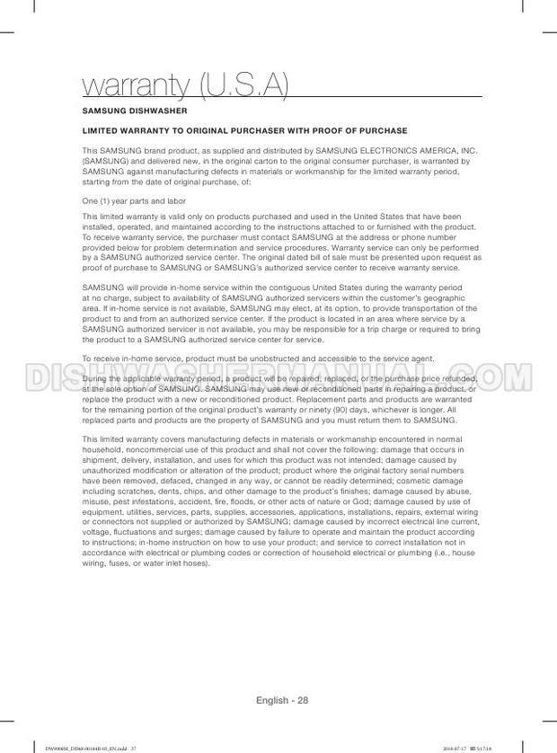 Samsung DW80R2031US Dishwashing Machine User Manual