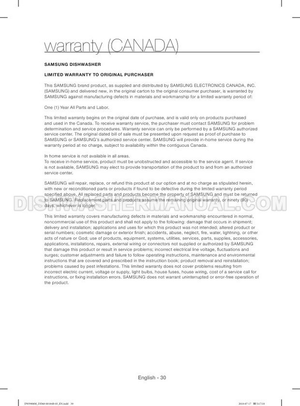 Samsung DW80R2031US Dishwashing Machine User Manual